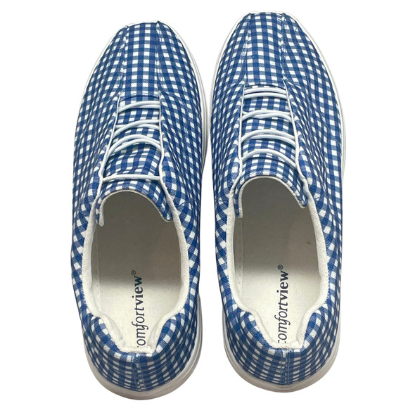 Comfortview Sz 9WW Slip-On Sneakers Navy Gingham Bungee Elastic Casual Flats - Picture 5 of 8